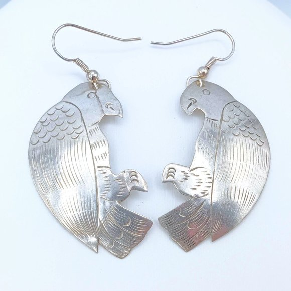 Vintage Silver Etched Bird Hawk Dangle Earrings - Picture 2 of 12